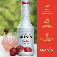Monin strawberry purée next to a measuring cup showing 1 liter scale and yield