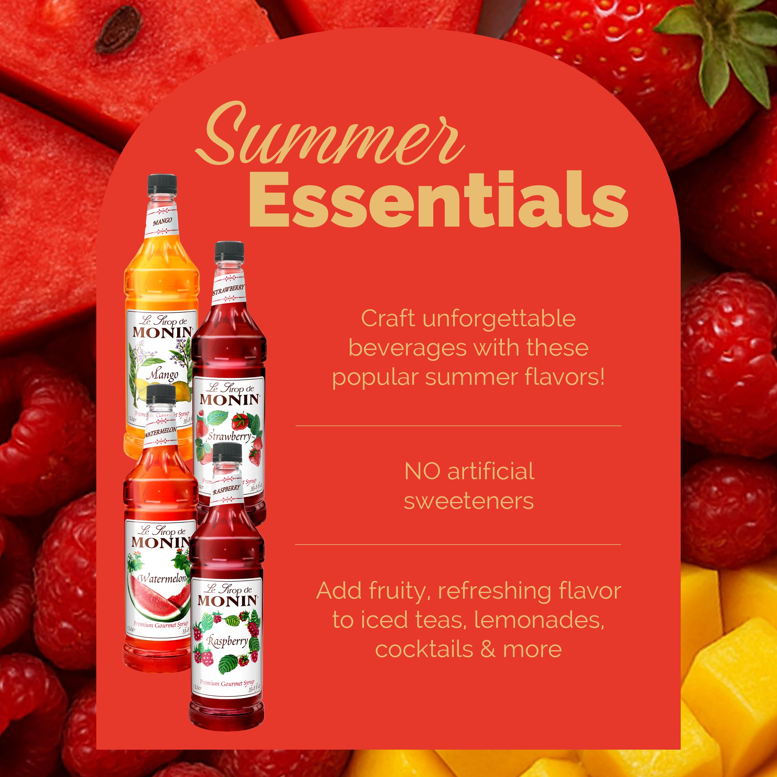 Monin grouped strawberry, raspberry and watermelon bottles showing bright labels for recipe variety