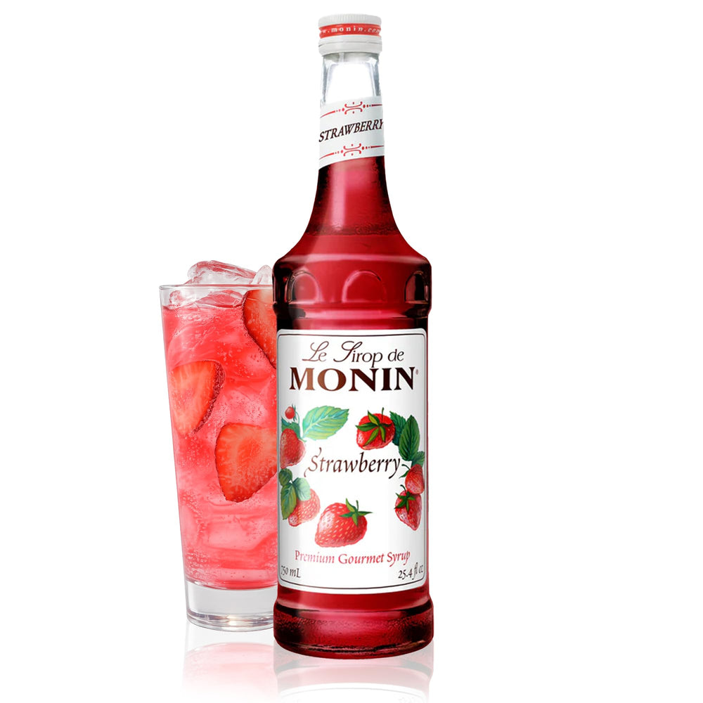 Monin strawberry syrup front bottle showing branding and serving use