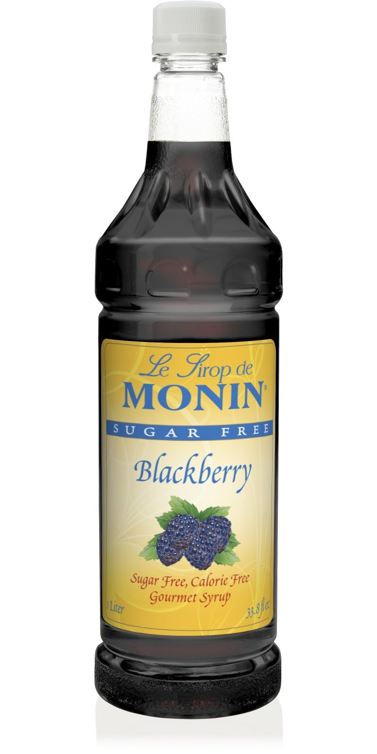 Monin bottle front view showing label and blackberry color for easy identification