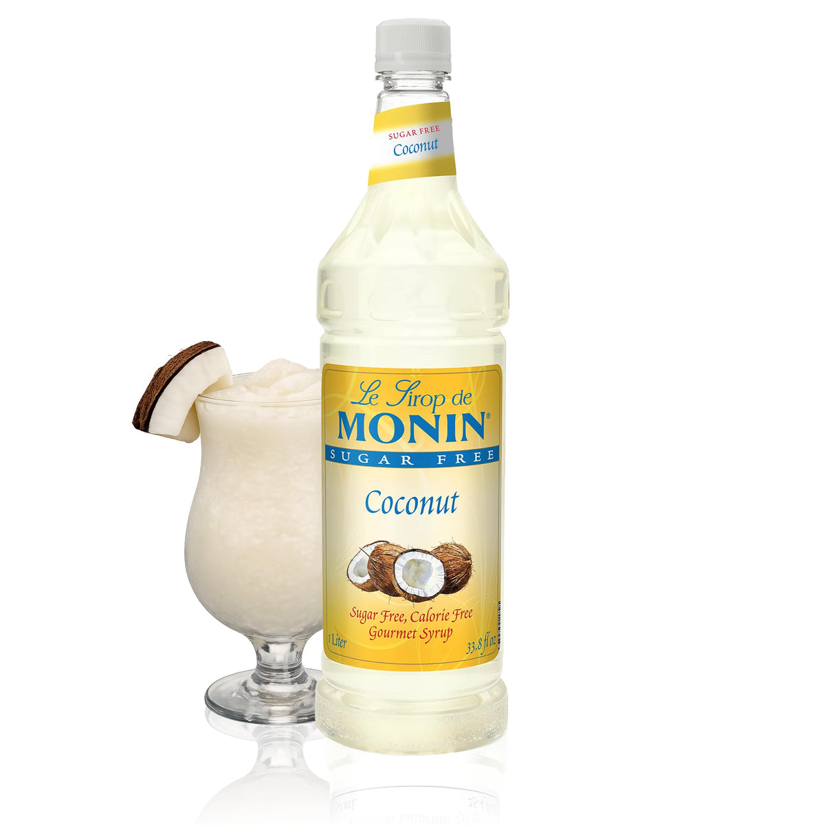 Monin sugar free coconut syrup front label showing product benefits and bottle