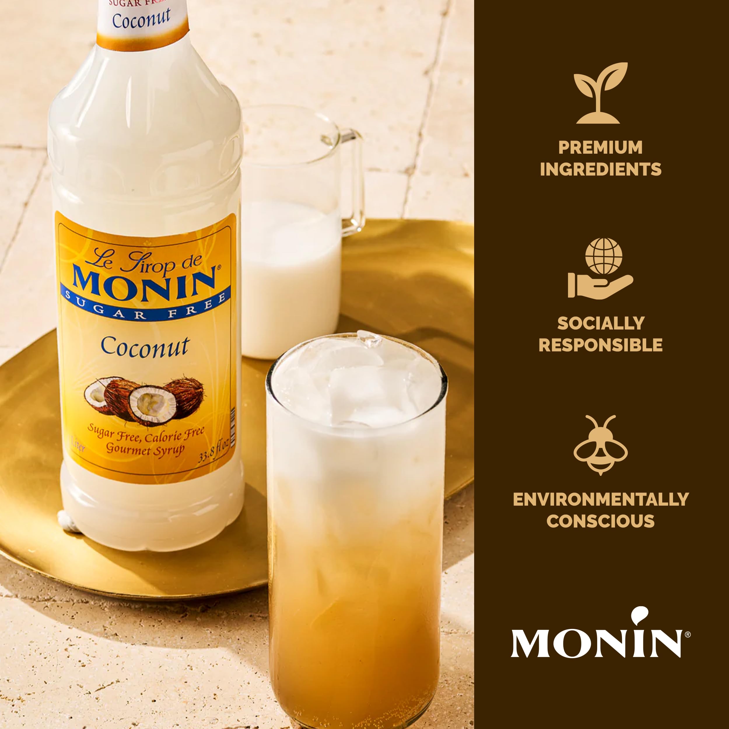 Iced latte with Monin coconut syrup showcasing creamy tropical flavor boost
