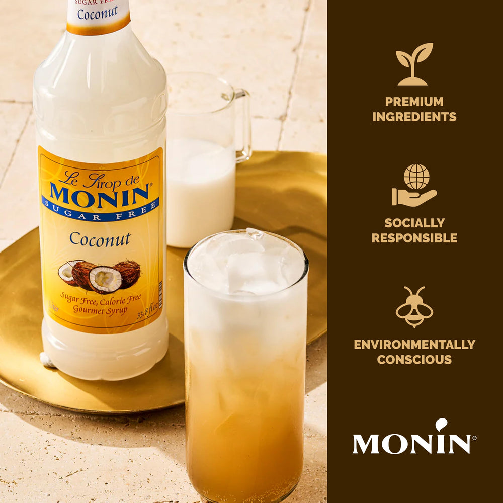 Iced latte with Monin coconut syrup showcasing creamy tropical flavor boost