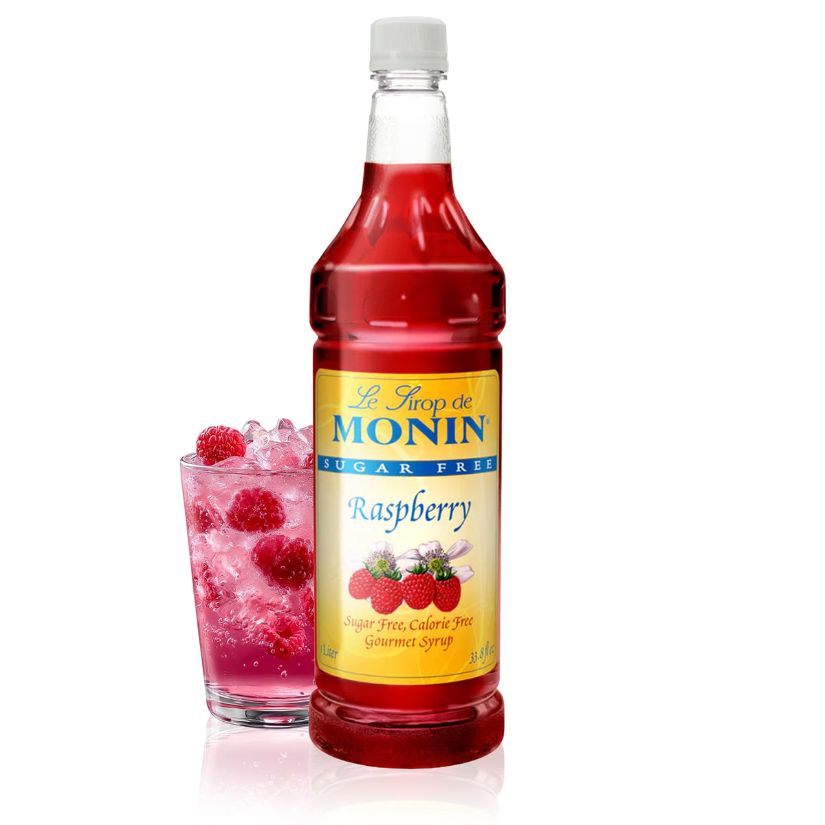 Monin sugar free raspberry front label showing flavor and 1L size benefit