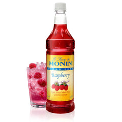 Monin sugar free raspberry front label showing flavor and 1L size benefit