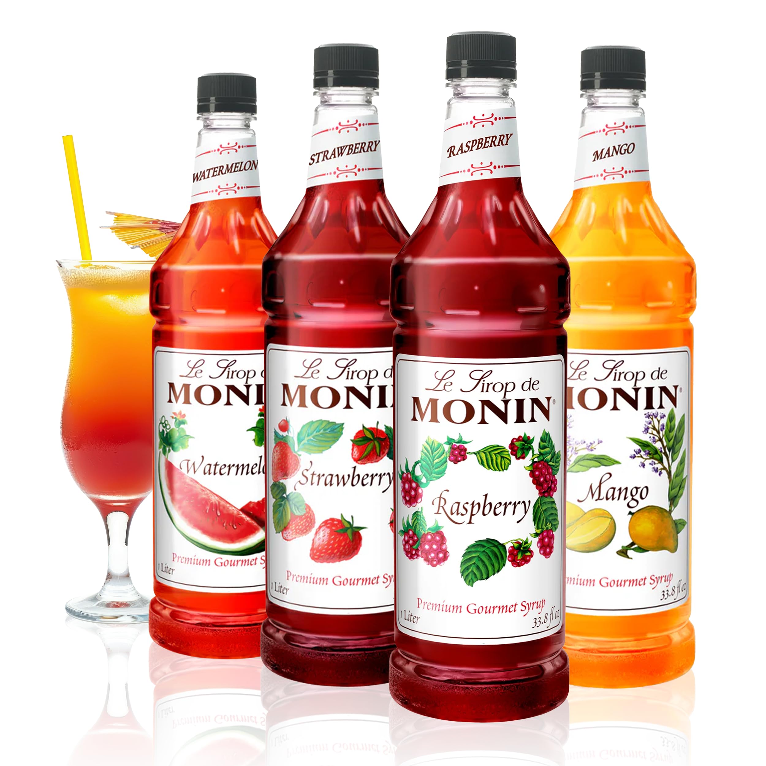 Monin front view of four 1L bottles showing summer variety and vibrant colors for refreshing drinks
