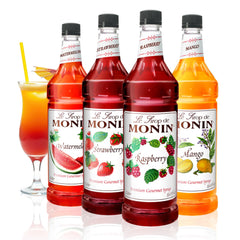Monin front view of four 1L bottles showing summer variety and vibrant colors for refreshing drinks