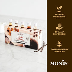 Pouring Monin caramel syrup into an iced coffee, Monin adds consistent café taste