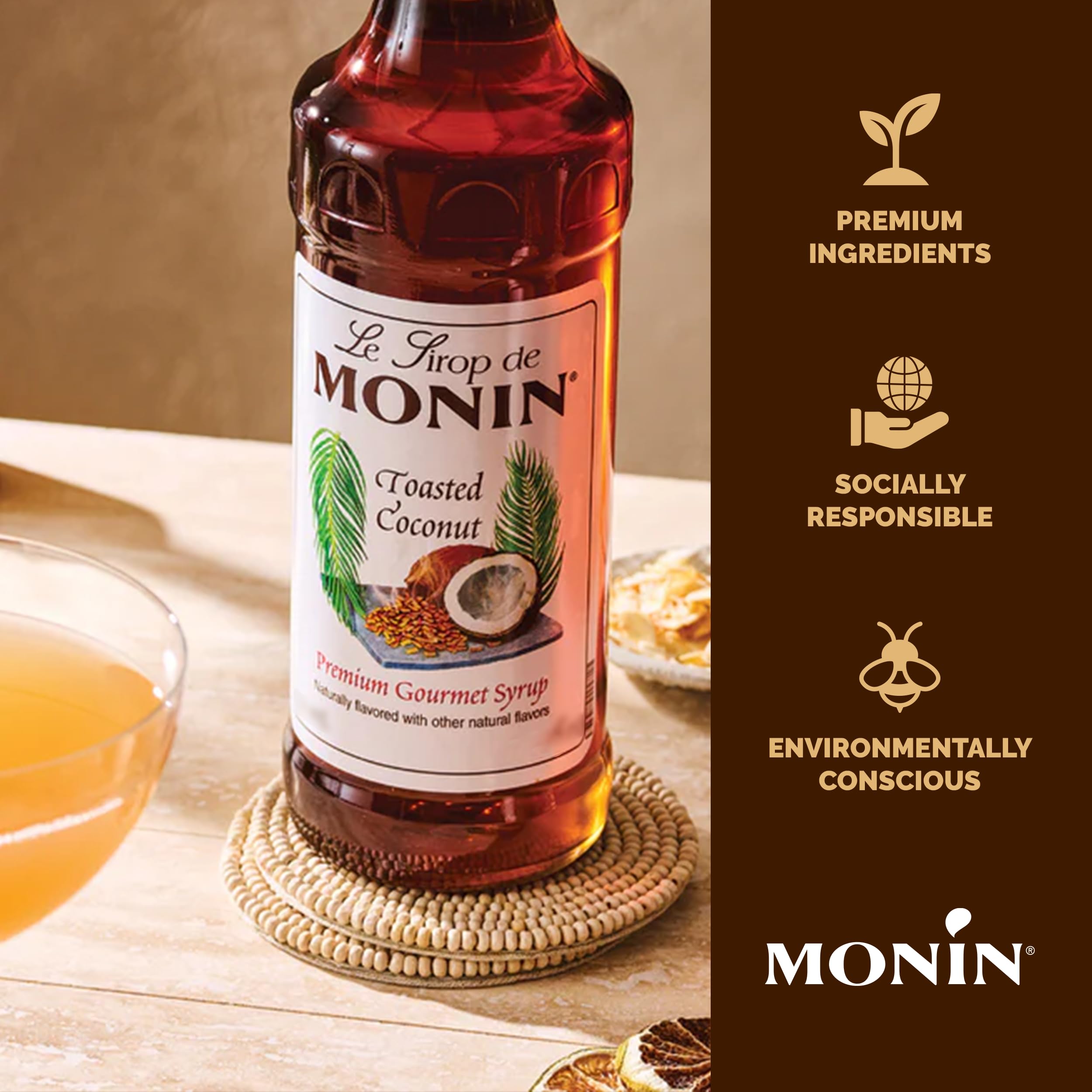 Monin toasted coconut syrup drizzled over pancakes demonstrating culinary versatility