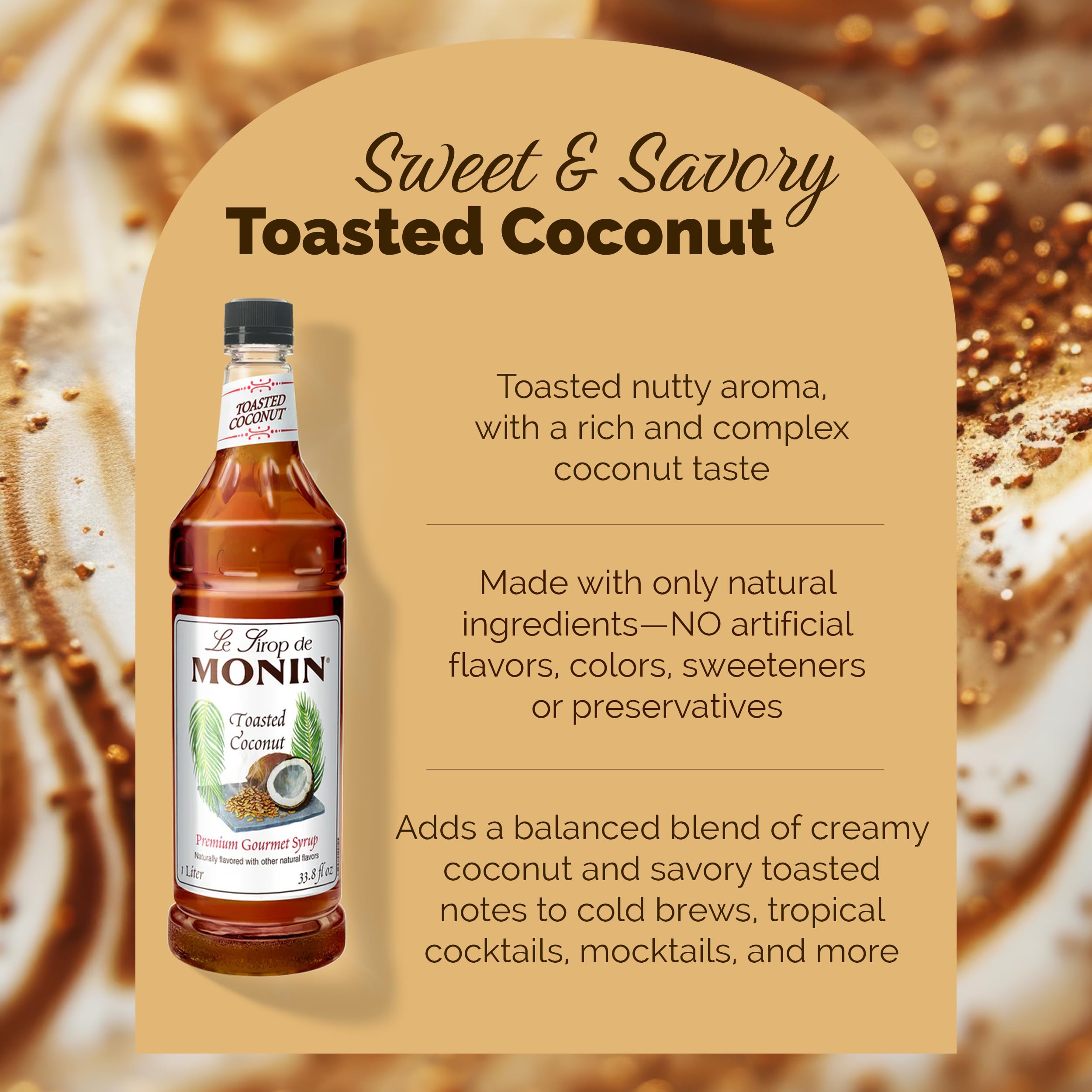Monin toasted coconut syrup added to iced latte highlighting creamy coconut flavor