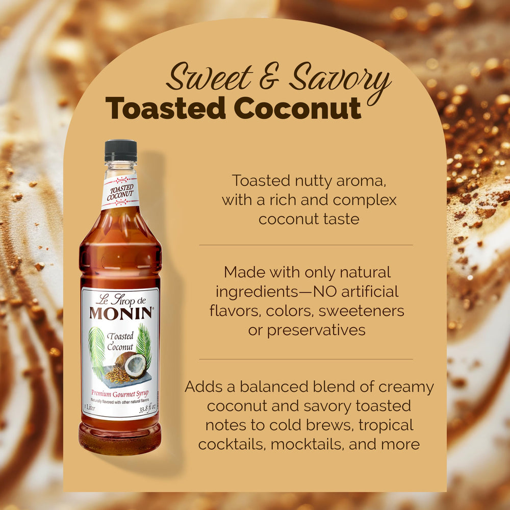 Monin toasted coconut syrup added to iced latte highlighting creamy coconut flavor