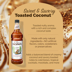 Monin toasted coconut syrup added to iced latte highlighting creamy coconut flavor