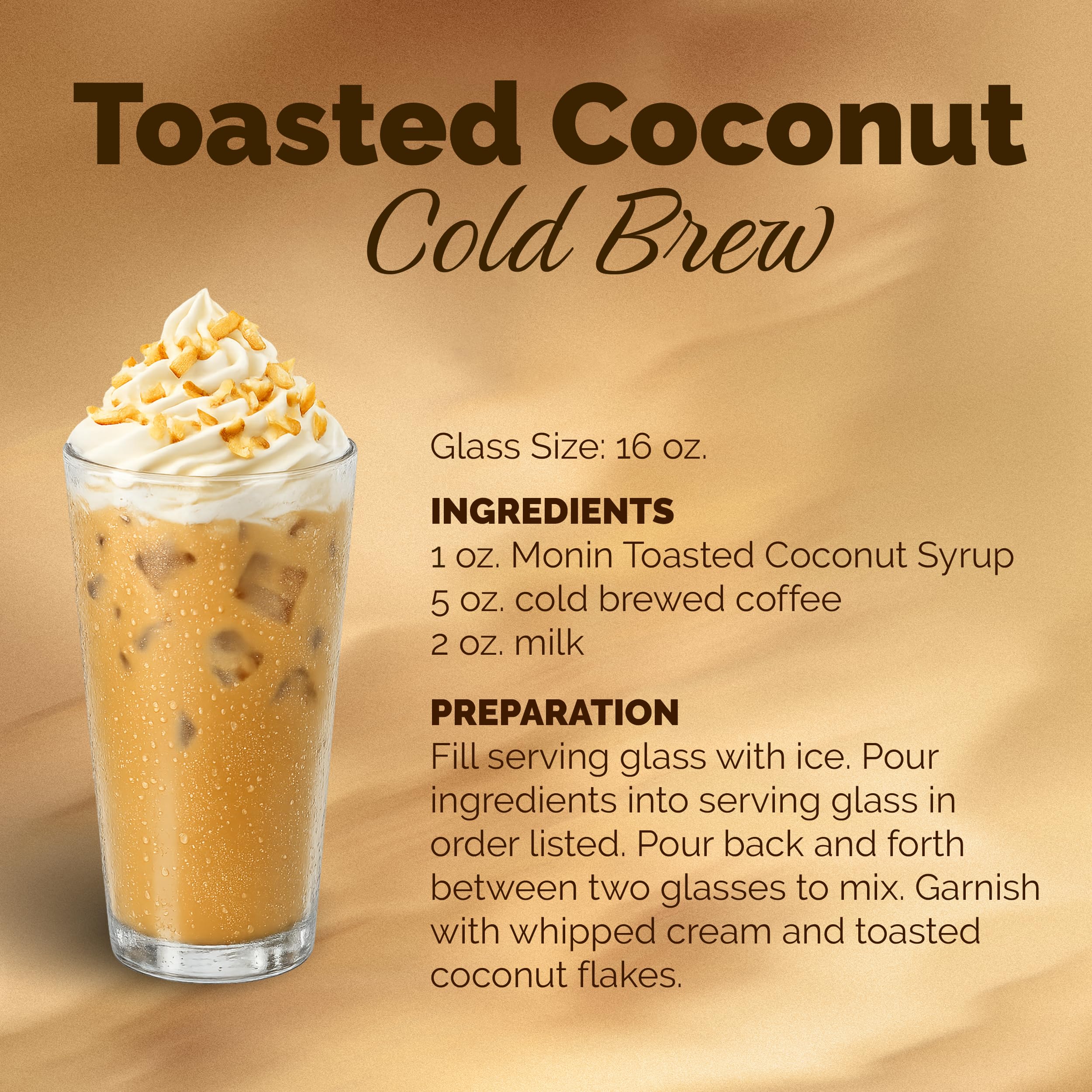 Monin toasted coconut syrup next to a measuring jigger showing 1 L scale and portion control