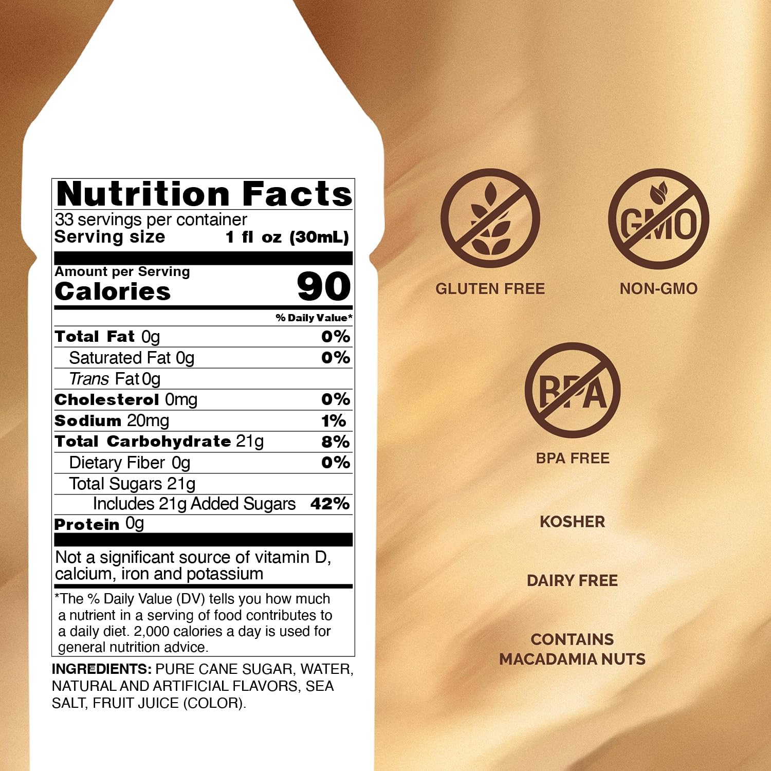 Monin toffee nut label closeup highlights ingredients and certifications