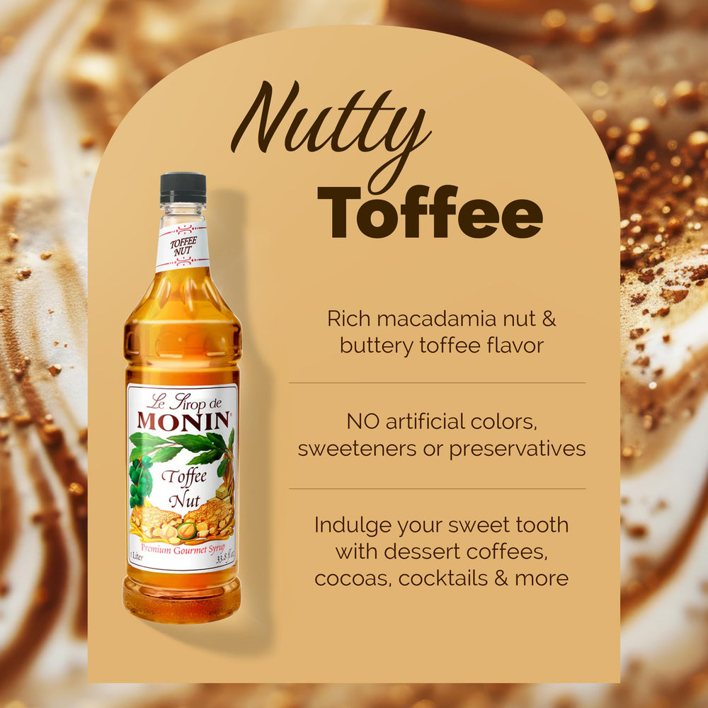 Monin toffee nut pour detail shows syrup texture and easy mixing benefit