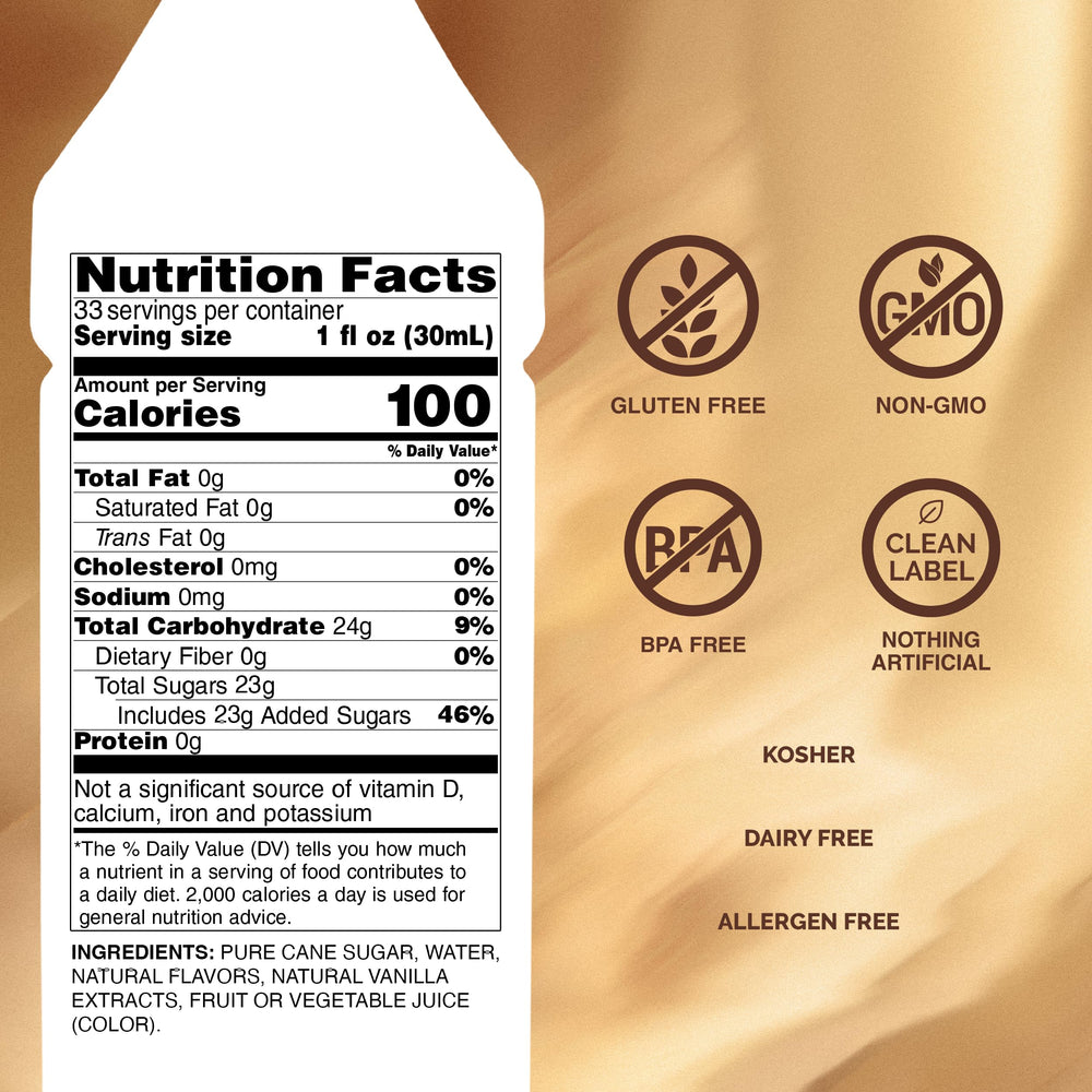 Monin vanilla bottle close-up label highlighting Madagascar vanilla extract quality
