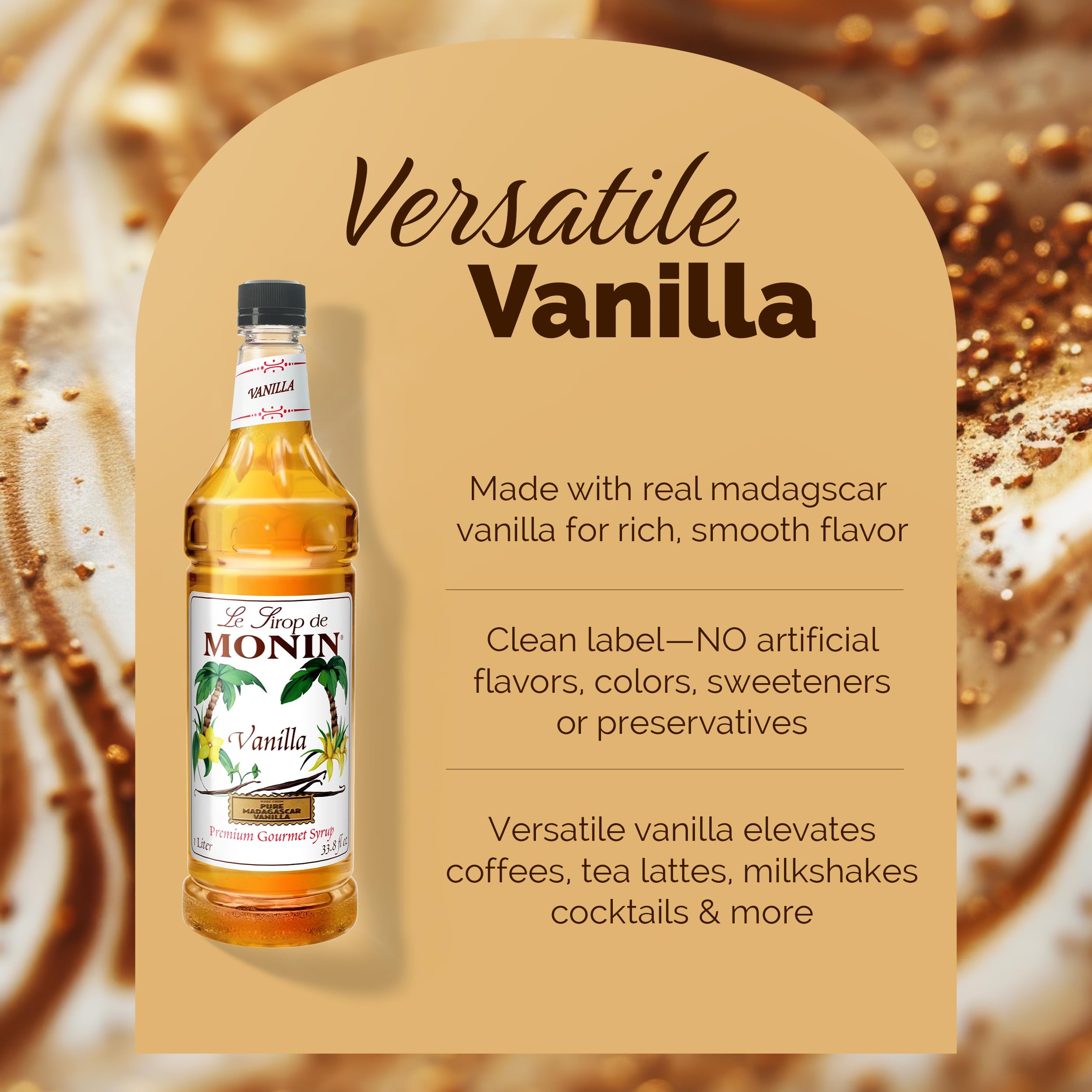 Monin vanilla syrup close up pour texture demonstrating smooth blendability