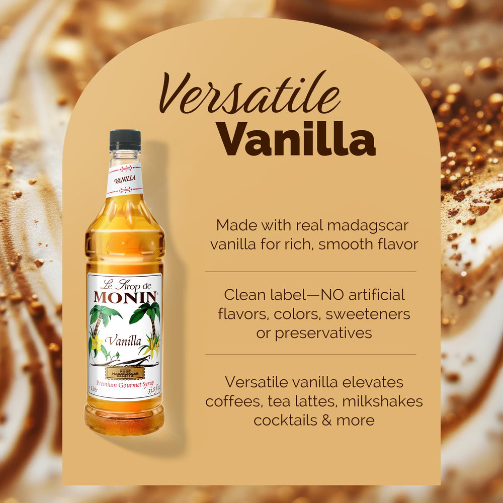 Monin vanilla syrup close up pour texture demonstrating smooth blendability