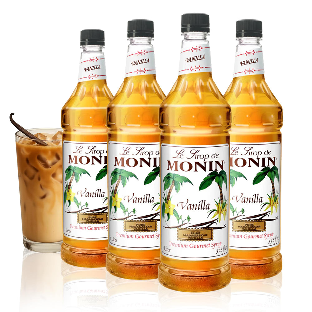 Monin vanilla front packaging showing four 48-ounce bottles and brand clarity