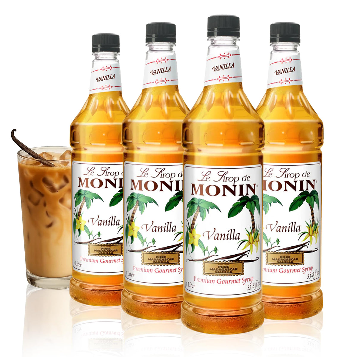 Monin vanilla front packaging showing four 48-ounce bottles and brand clarity