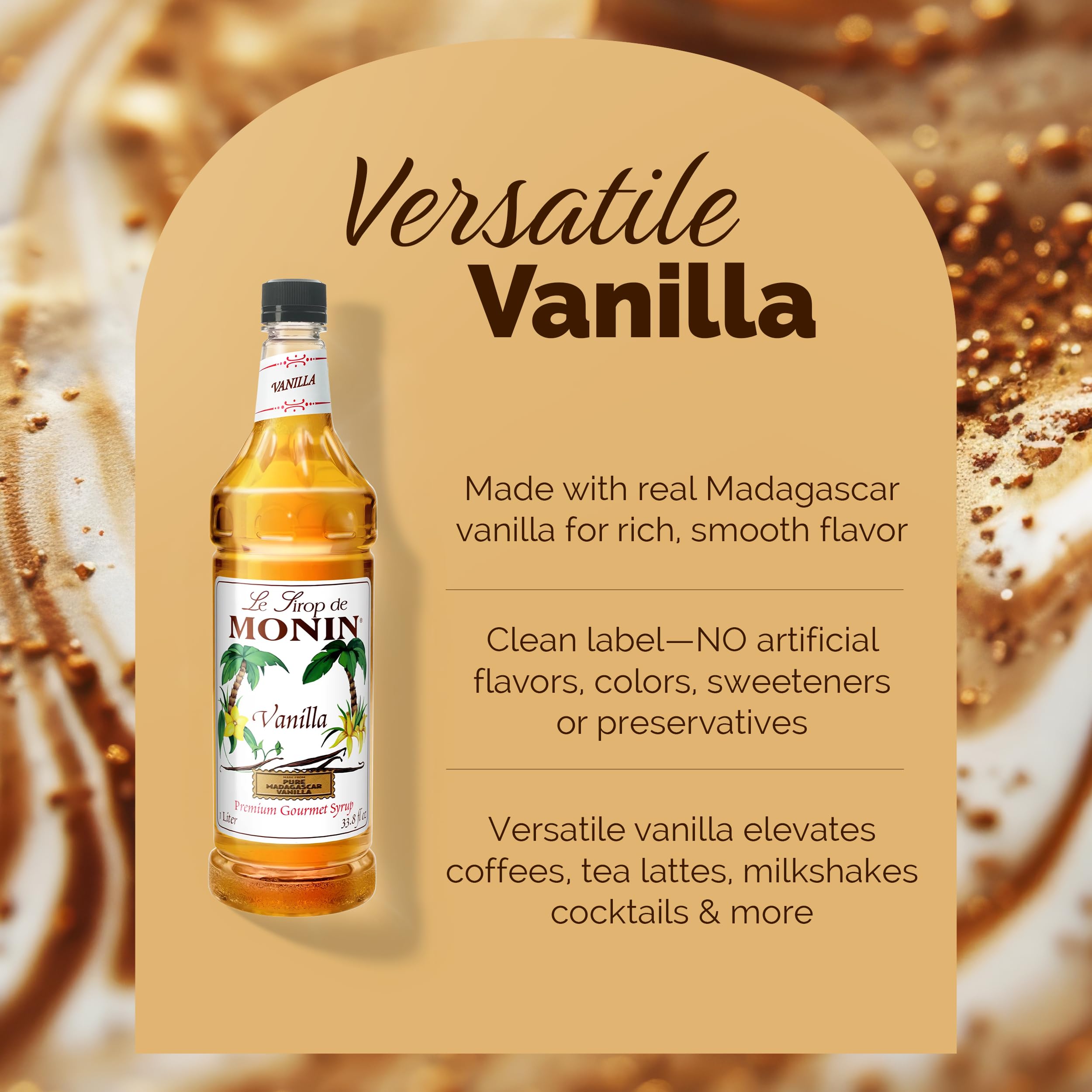 Monin vanilla pouring into coffee to add authentic vanilla flavor and sweetness