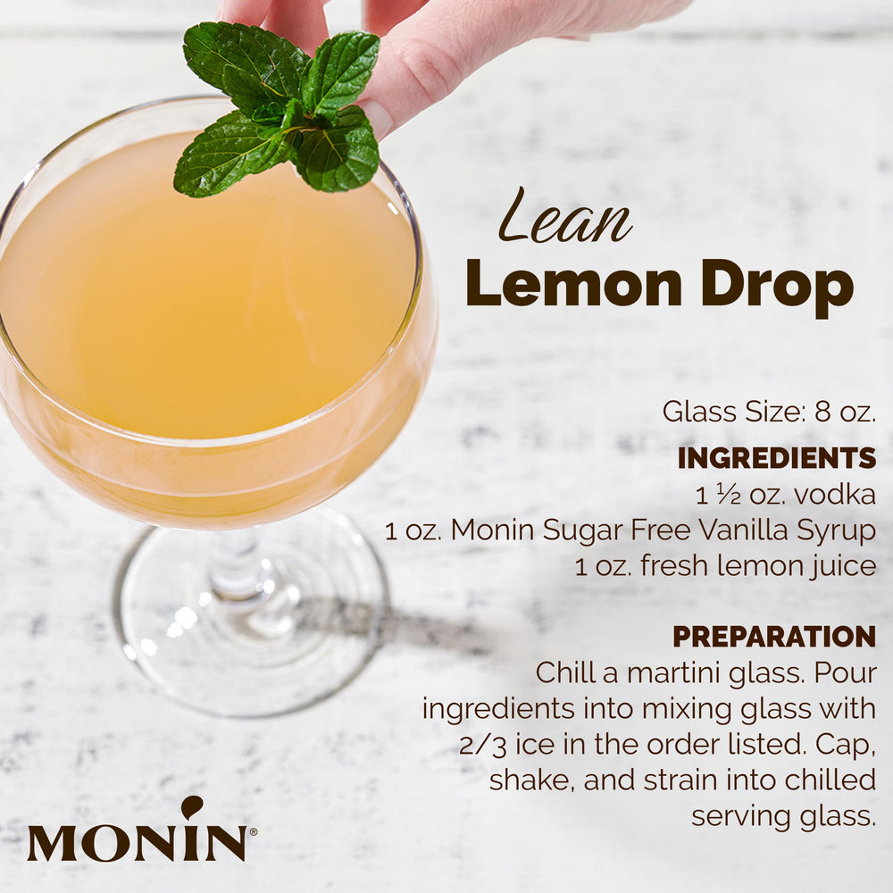 Monin 750 ml bottle beside cup showing real-world size and value