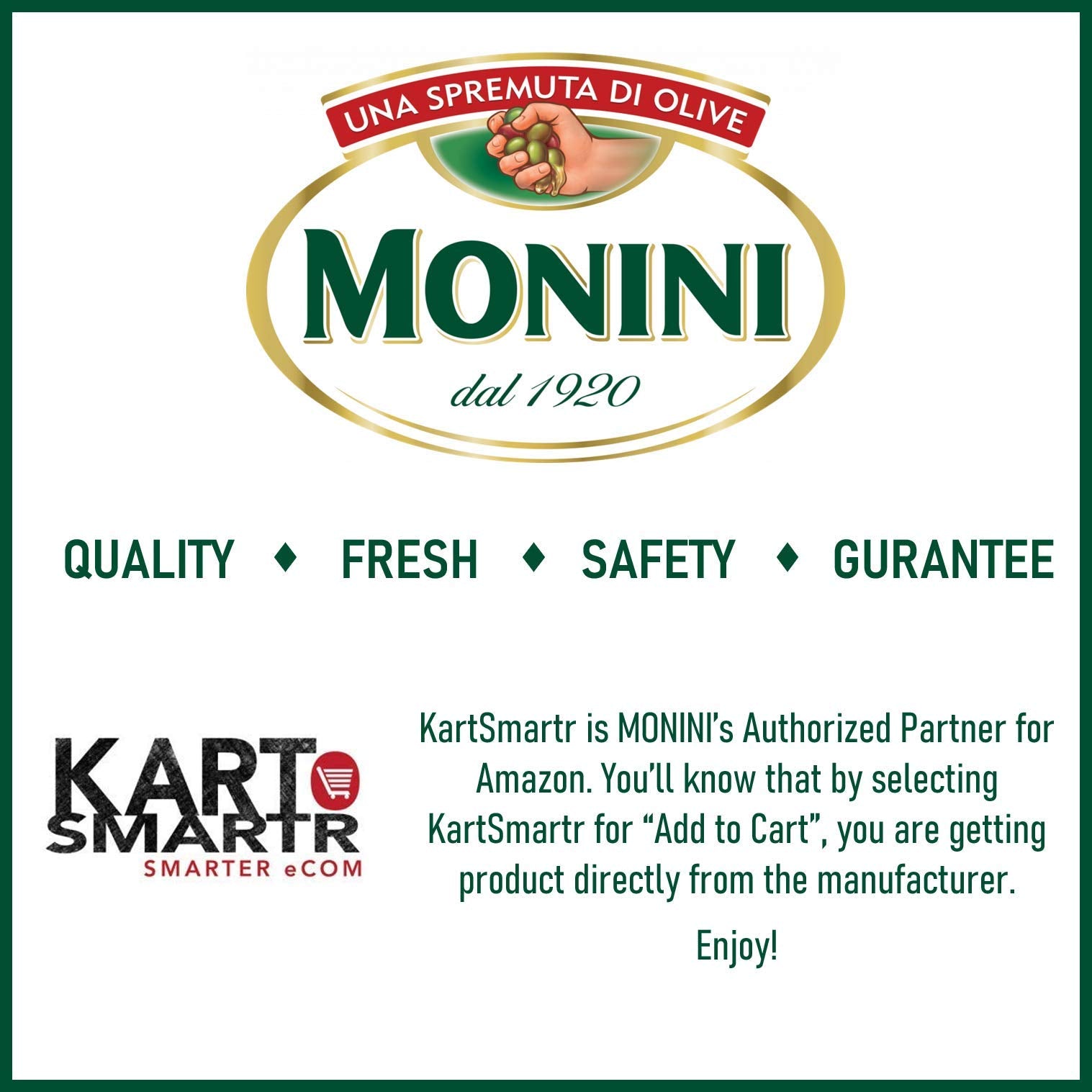 Monini GranFruttato bottle next to measuring cup showing 1L scale and lasting supply benefit