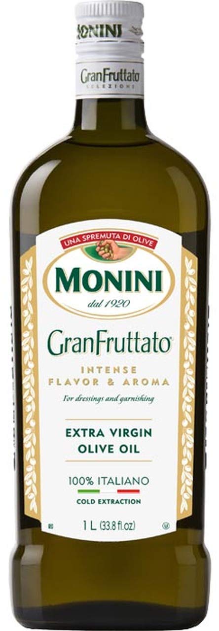 Monini GranFruttato front bottle view showing packaging and Italian origin benefit