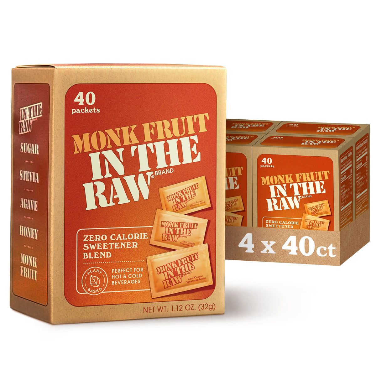 Monk Fruit In The Raw front packaging showing packet count and branding benefit convenience