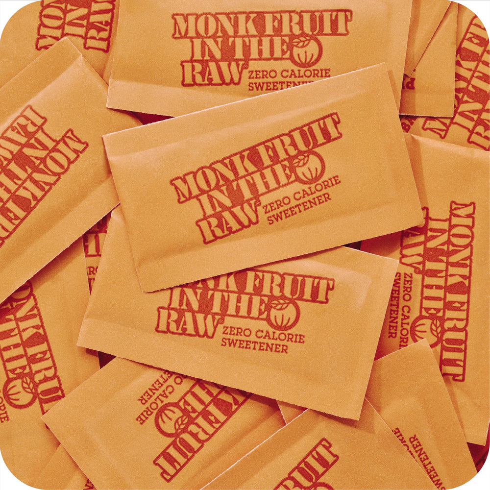 Close-up of a single Monk Fruit In The Raw packet highlighting easy-tear convenience