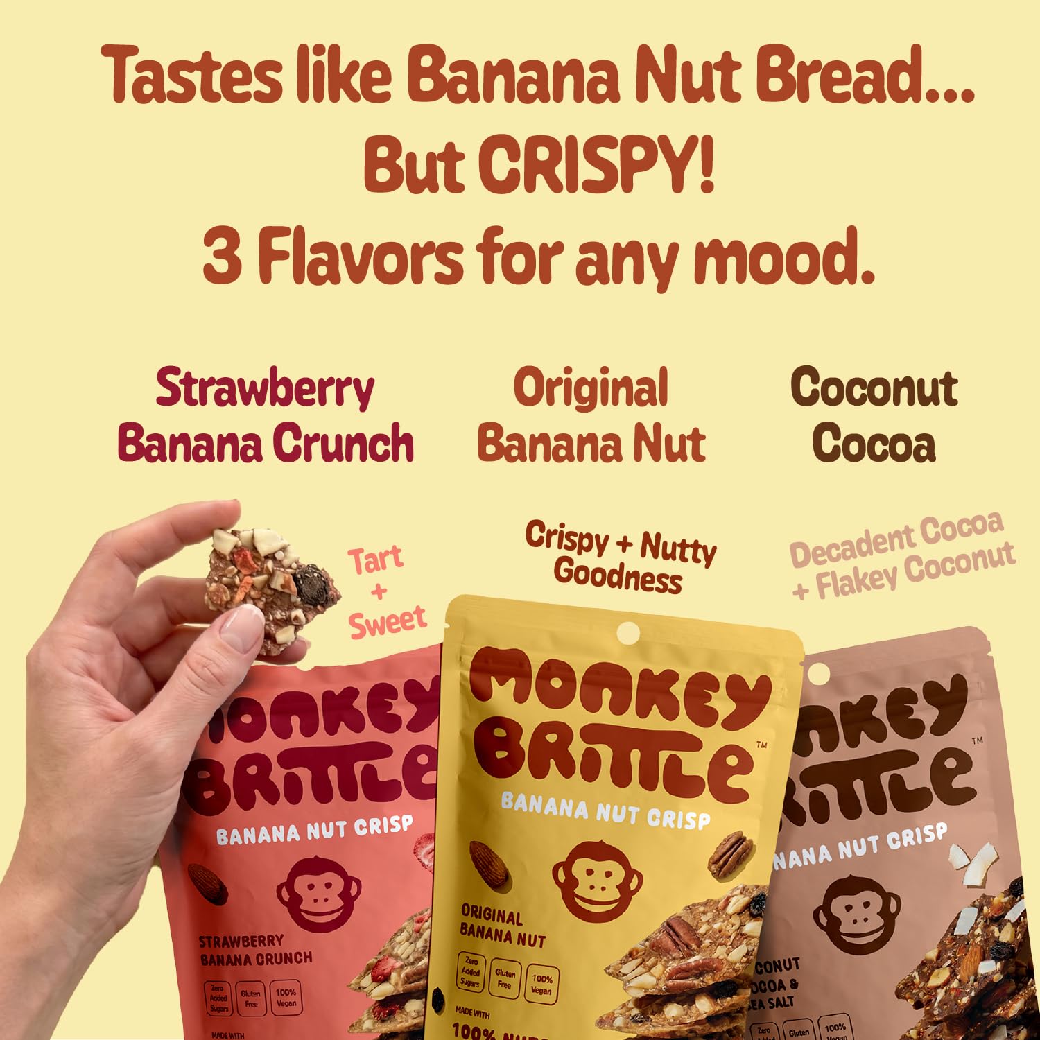 Monkey Brittle original flavor bar on table illustrating natural banana-nut taste benefit