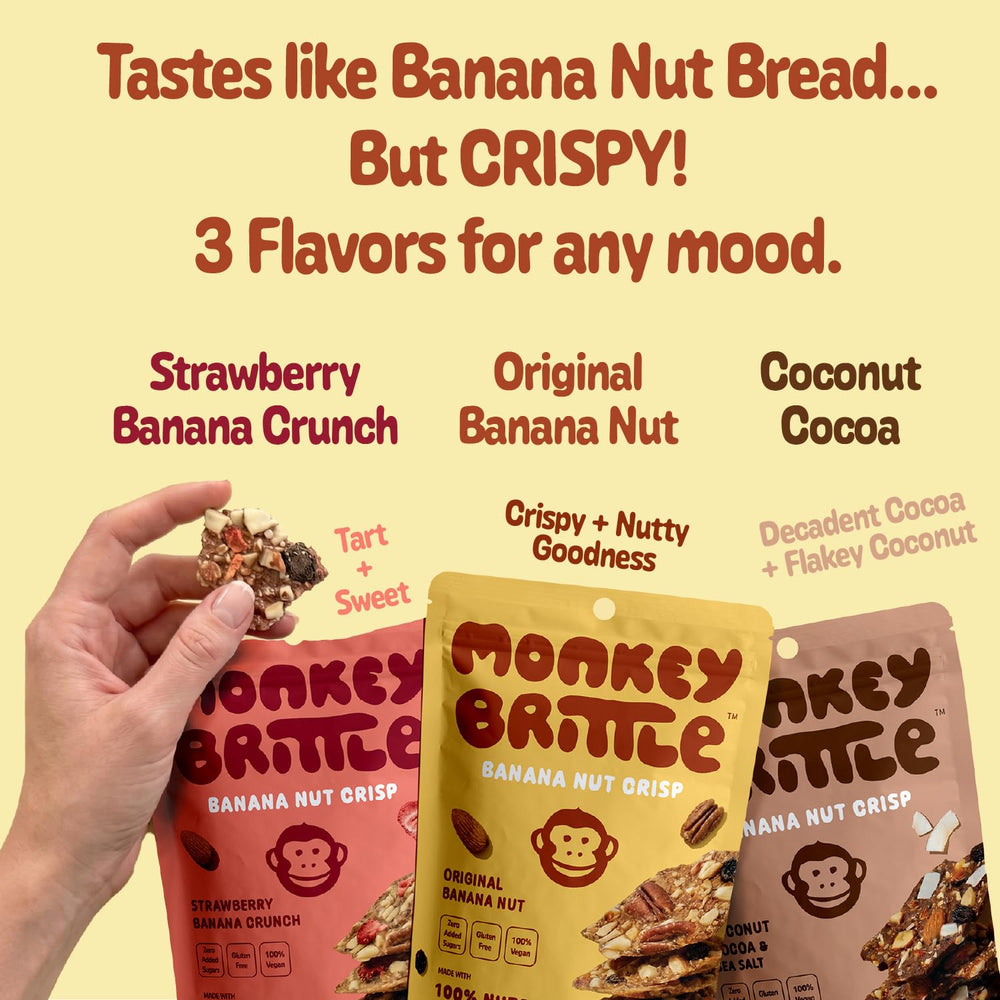 Monkey Brittle original flavor bar on table illustrating natural banana-nut taste benefit