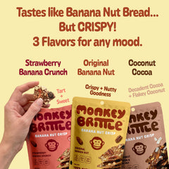 Monkey Brittle original flavor bar on table illustrating natural banana-nut taste benefit
