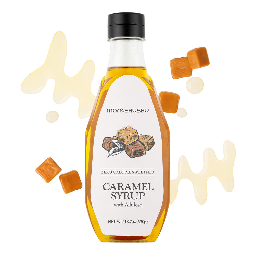 MONKSHUSHU bottle front label showing caramel syrup and easy pouring benefit