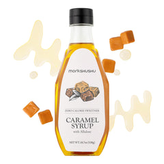MONKSHUSHU bottle front label showing caramel syrup and easy pouring benefit