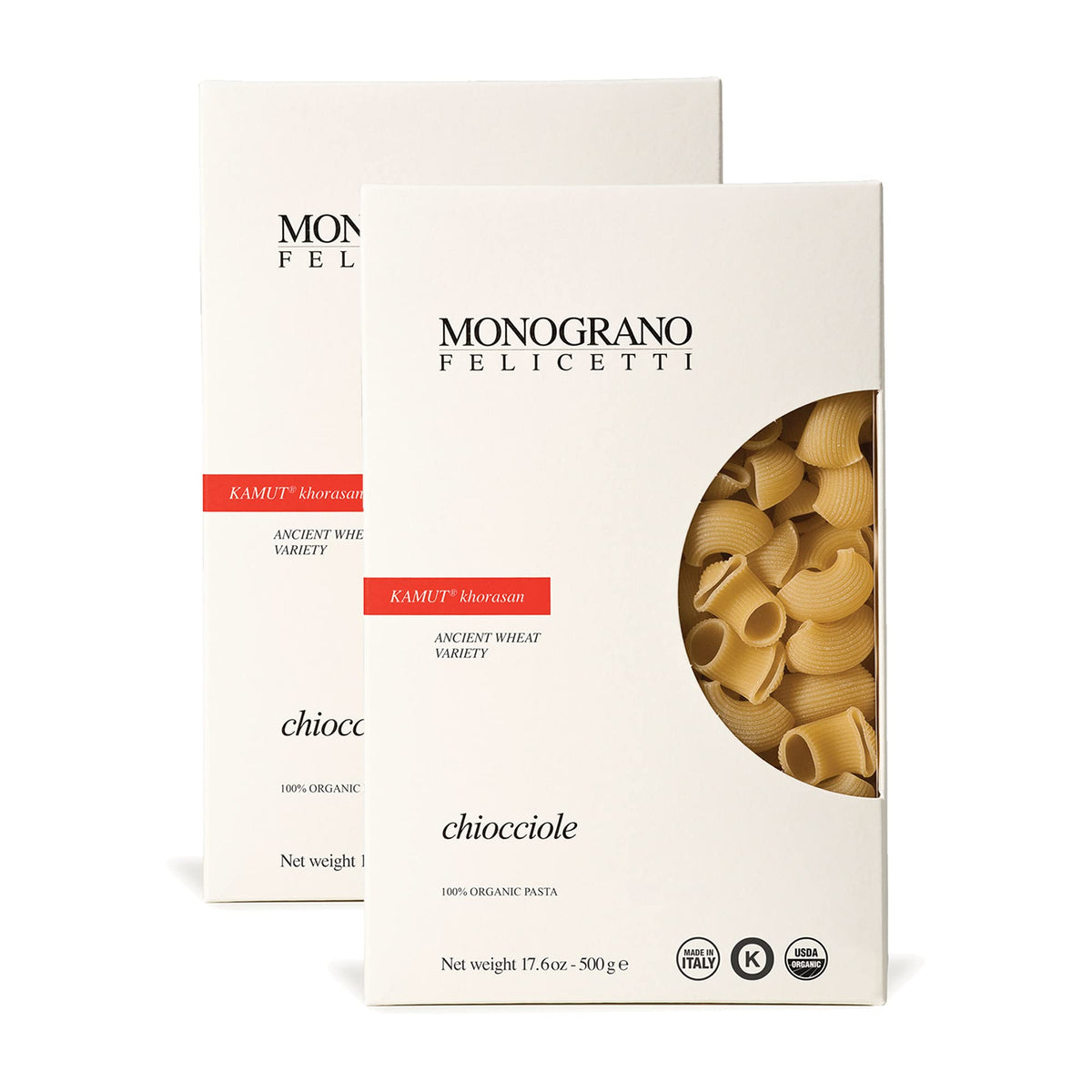 Monograno Felicetti front packaging showing organic KAMUT pasta and product details