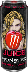 Monster Bad Apple pouring into glass showing juice color and refreshing serving benefit