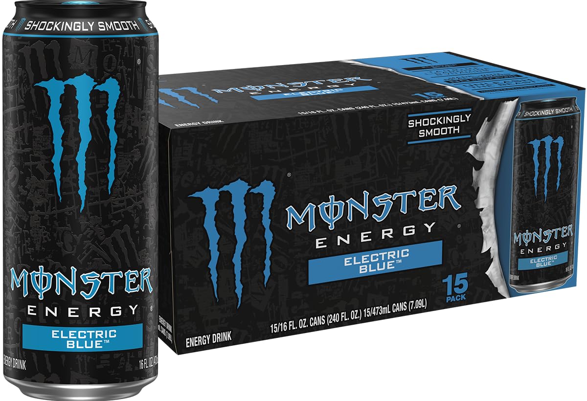 Monster electric blue front packaging showing bold can and brand appeal