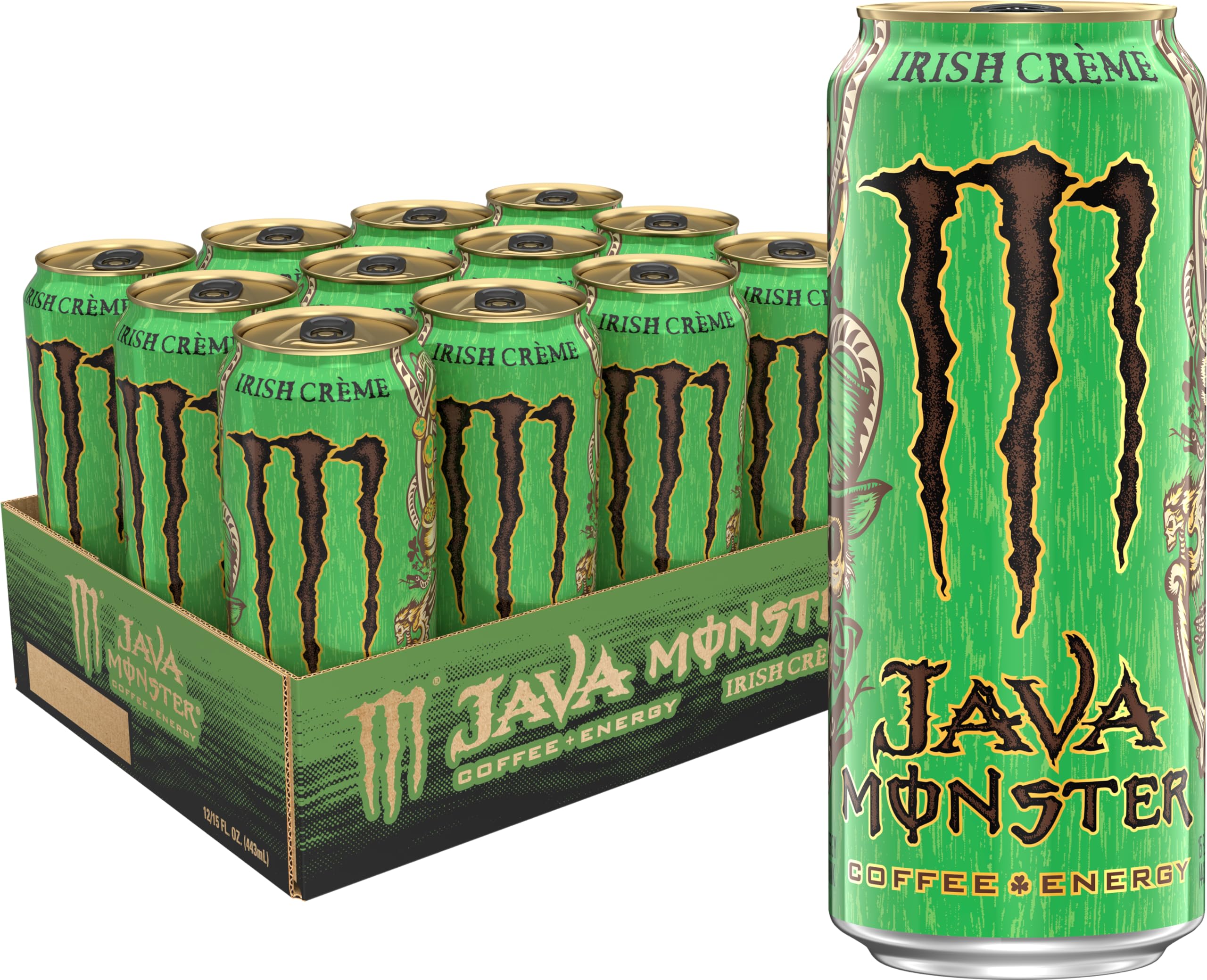Monster Java Irish Crème front view showing gold-top can and creamy coffee appeal