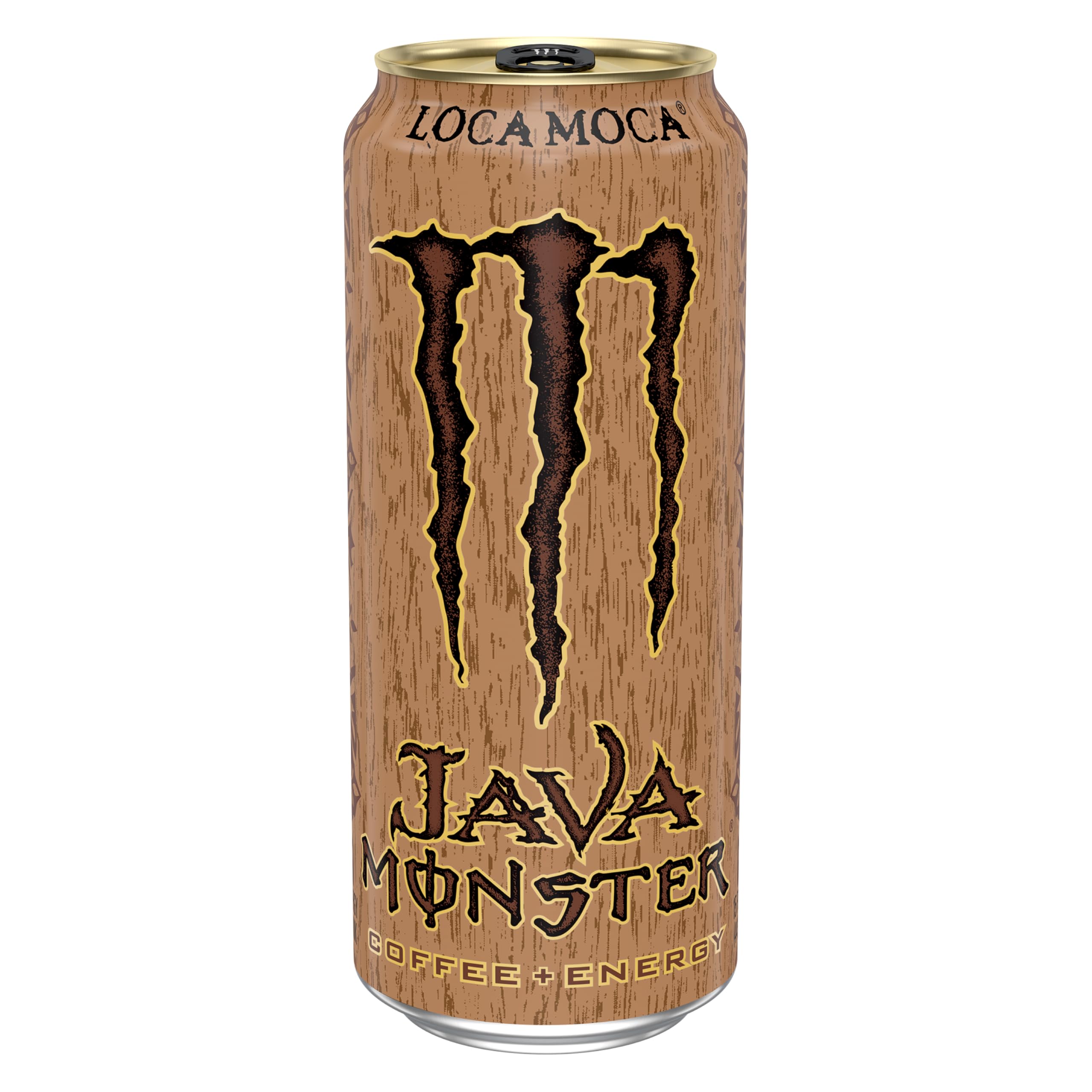Monster label close-up highlighting ingredients and premium coffee benefit