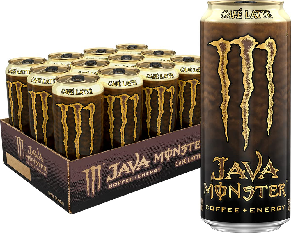 Monster Java Monster Café Latte front can showing label and volume, convenient grab-and-go