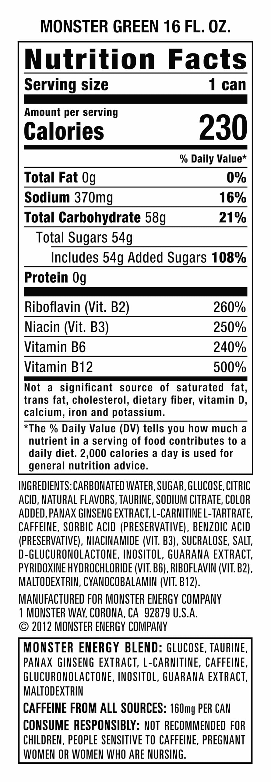 Monster brand close-up of can label highlighting ingredients and caffeine amount