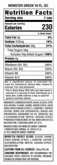 Monster brand close-up of can label highlighting ingredients and caffeine amount