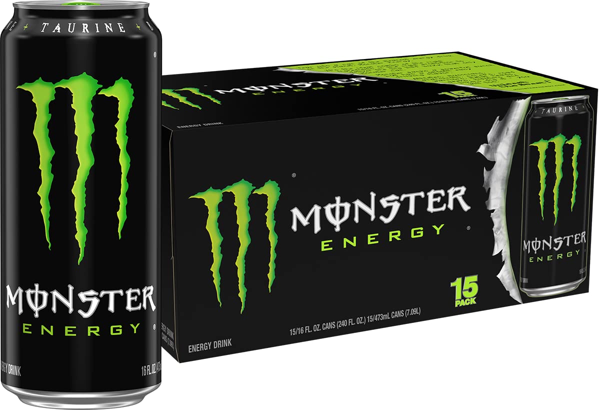 Monster brand 16 ounce green can front view showing logo and easy grab convenience