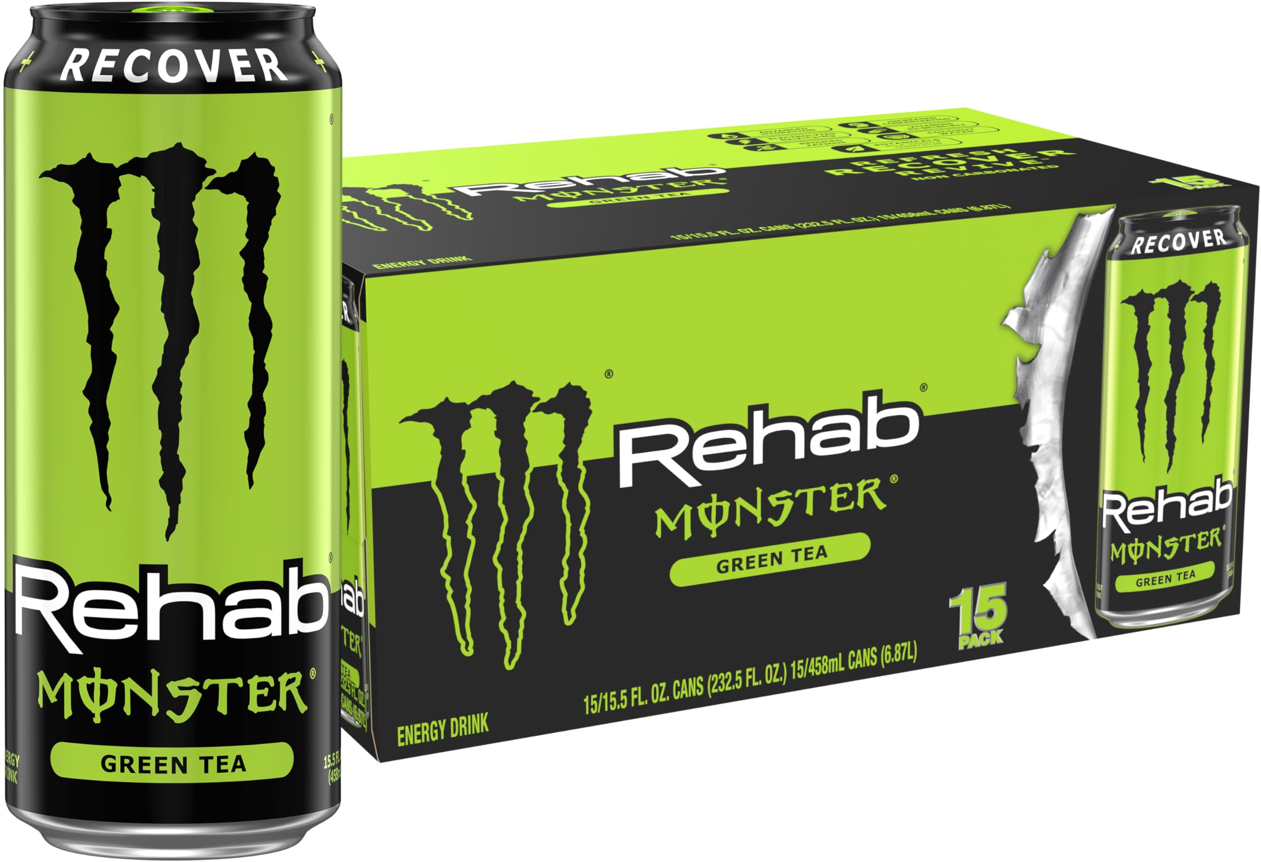 Monster Rehab Green Tea front can showing branding and calorie info, highlights hydration benefit