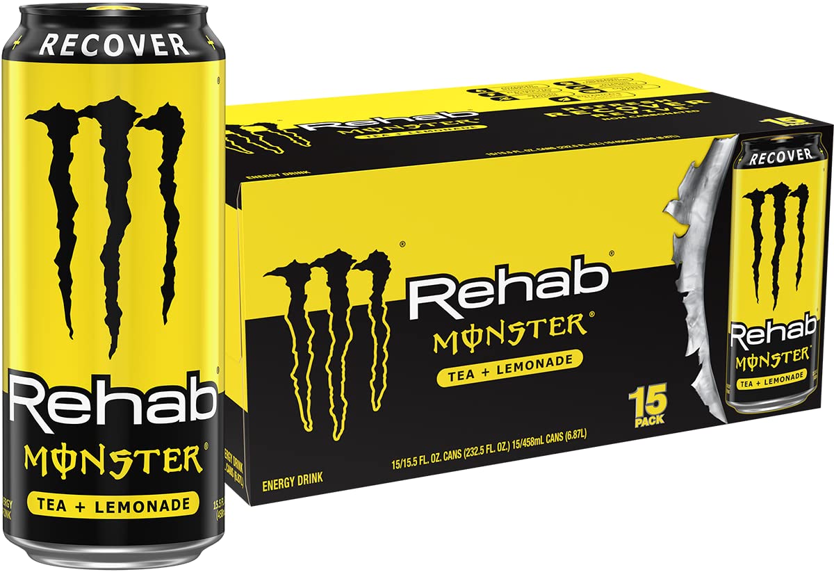 Monster Rehab Tea + Lemonade front can showing branding and lemon visuals for quick recognition