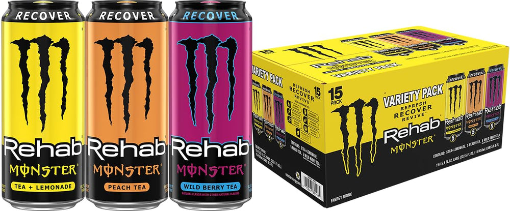 Monster Rehab variety pack front packaging showing three flavors and low-calorie benefit