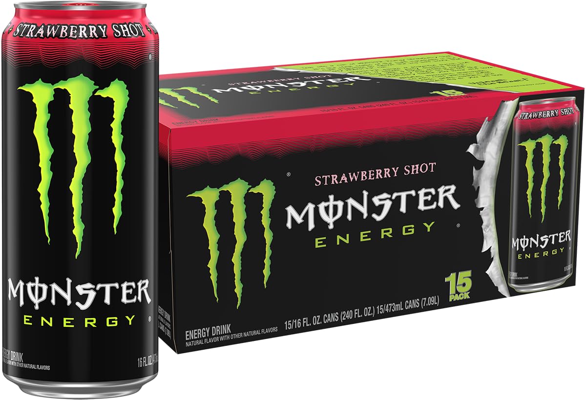Monster can front view showing strawberry green design and refreshing energy