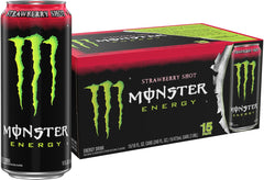 Monster can front view showing strawberry green design and refreshing energy