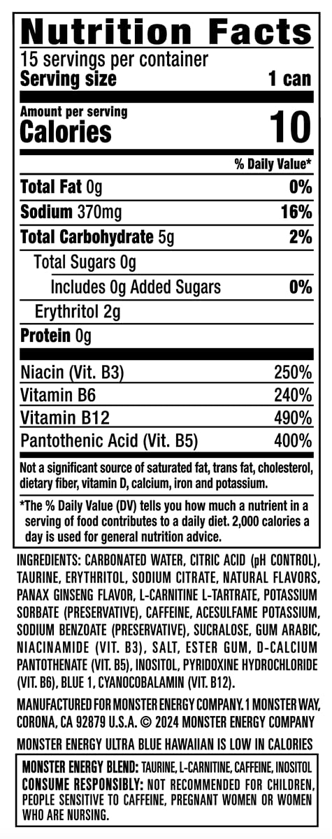 Monster Ultra Blue Hawaiian label close-up highlighting sugar-free formula and flavor notes